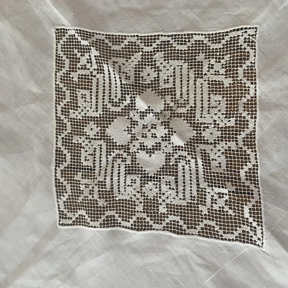 Vintage Linen Crocheted Tablecloth Embroidered White Square 46x46